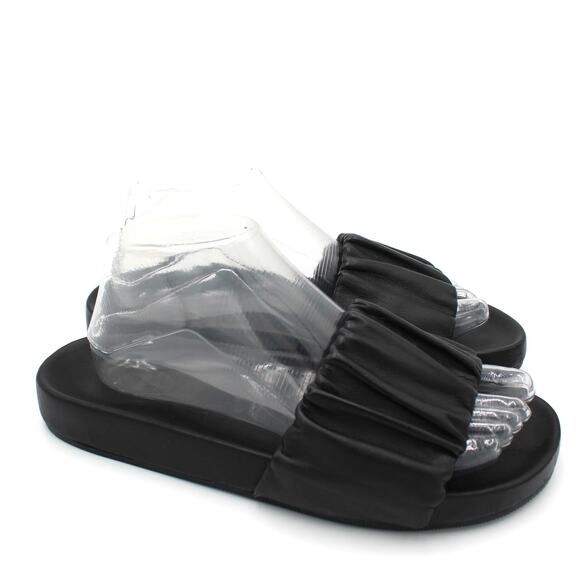 J.Crew Scrunchie Strap Slide Sandals Womens 8 Black Leather Minimalist Slip On - Picture 1 of 9